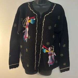 Vintage Christmas Sweater size S Angel Beaded Embroidered Black Gold